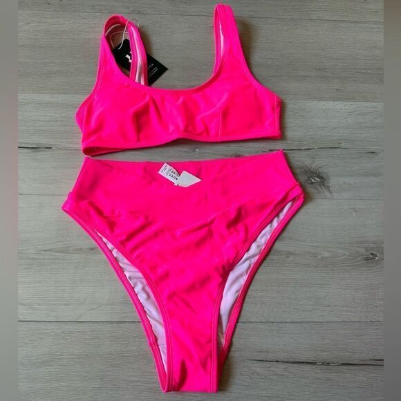 Halara Solid U Neck Top (S) & Crossover Bikini Bottom (M) Swimsuit Neon Pink nwt - Picture 5 of 7